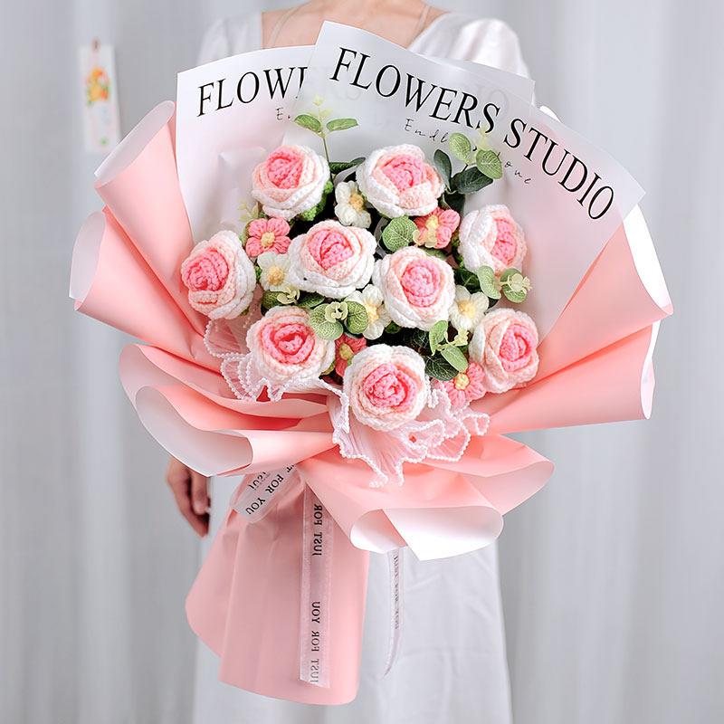 彷真编织花针织毛线 线钩织花束永生手捧花玫瑰生日礼物送女朋友