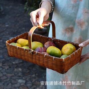 竹编篮子紫竹收纳筐手工手具编织古风迷你提茶收纳篮水篮果395收