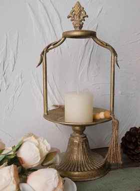 欧式复古做旧桌面蜡烛台法式高脚铁艺装饰托盘几何摆拍道具首饰架