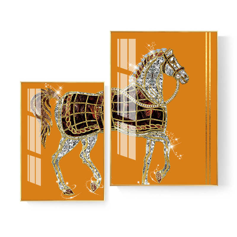 餐厅简约背景橙色现代骑士双联奢客厅瓷挂画壁画沙发墙装饰画轻晶