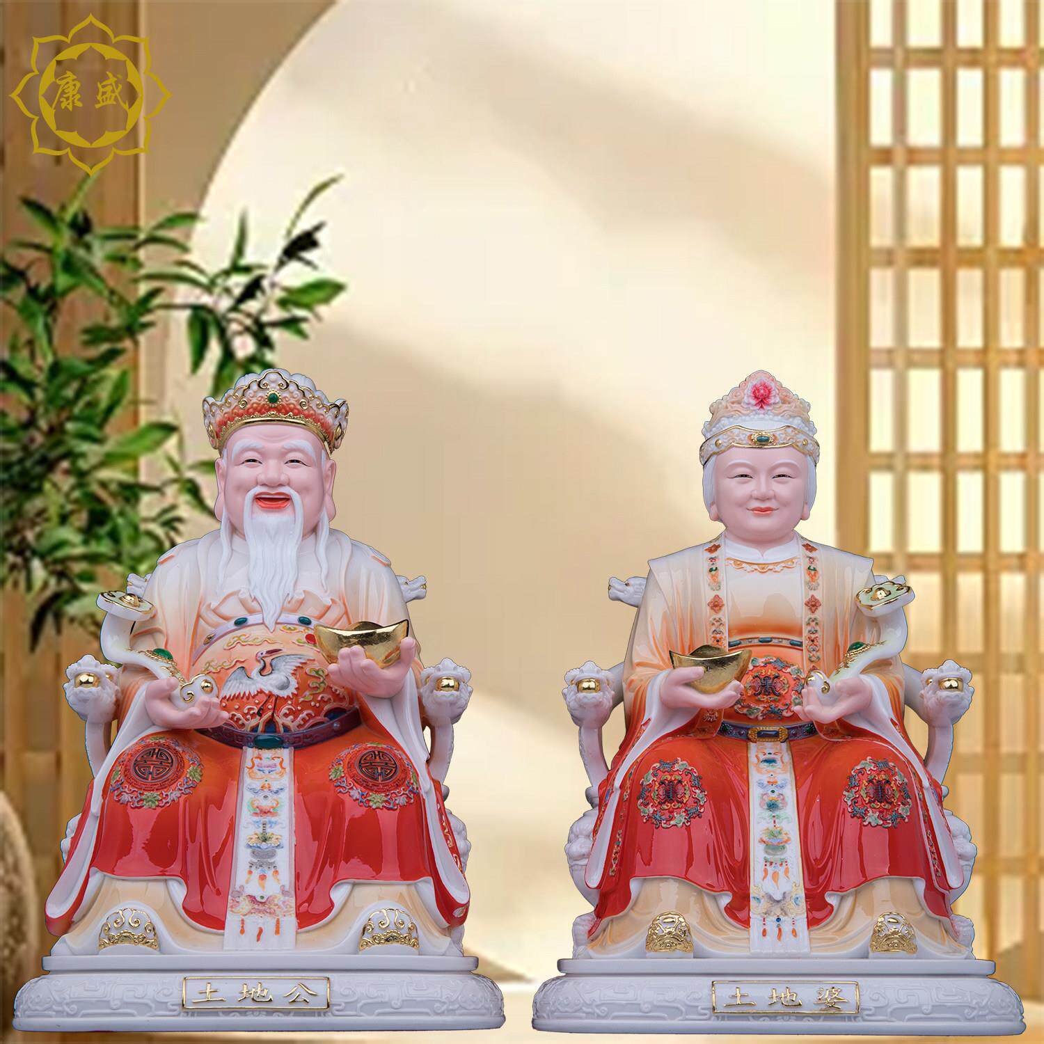 土地公婆神像树脂土地公土地婆像家用供奉摆件福德正神财神爷佛像