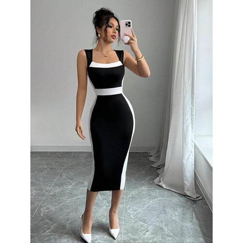 B 68028 Square neck color block sling dress 方领撞色吊带裙