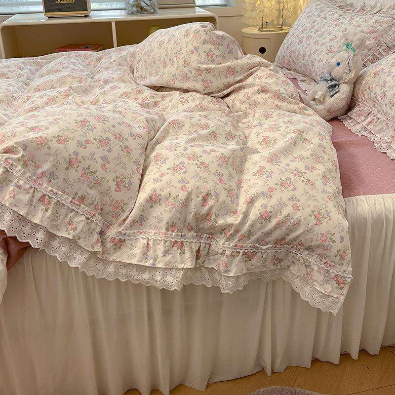 韩式少女风全棉花边床裙款四件套纯棉碎花被套公主风床裙学生床品