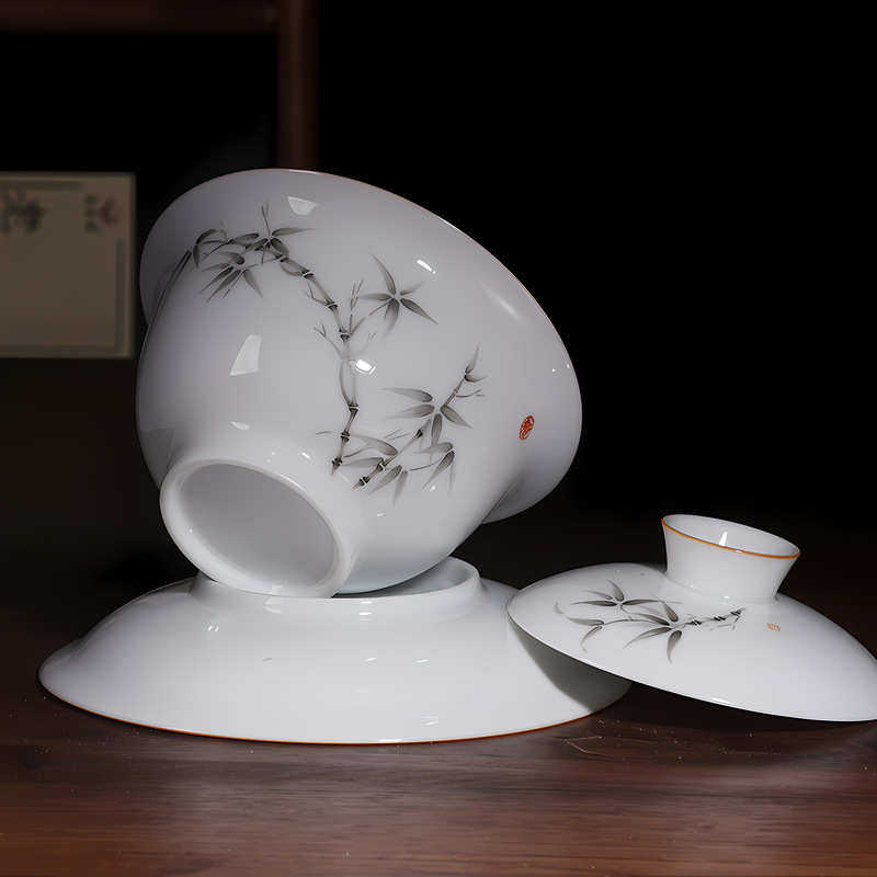 景德镇手绘白瓷三才盖碗茶杯 家用陶瓷功夫茶具配件泡茶碗敬茶碗