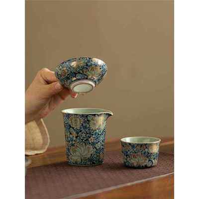 汝窑繁花公道杯三件套茶漏茶滤分茶器茶滤网一体陶瓷公杯茶具配件