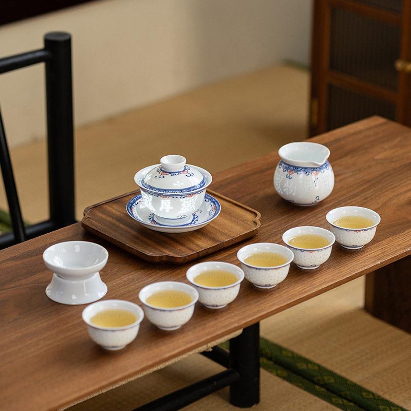 官方推荐景德镇名瓷青花玲珑茶具套装正品高白瓷盖碗镂空功夫茶具