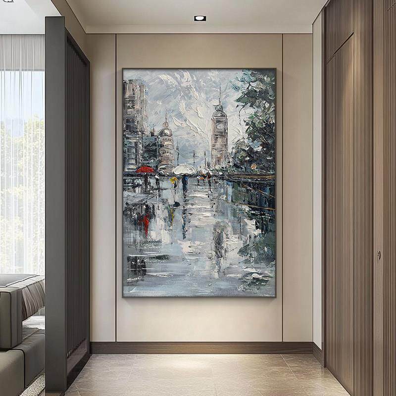 巴黎街雨手绘油画黑白极简客厅沙发背景墙装饰画酒店艺术玄关挂画