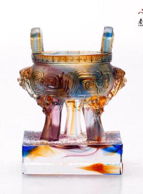 琉璃鼎摆件书房招财中式家居开 业礼品双龙三足鼎乔迁礼物桌面装