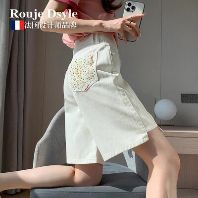 Rouje Dsyle白色刺绣五分牛仔短裤女夏高腰a字显瘦开叉宽松直筒裤