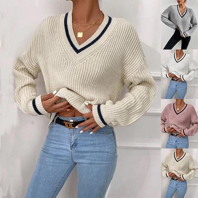Striped collar knitted sweater top for women
