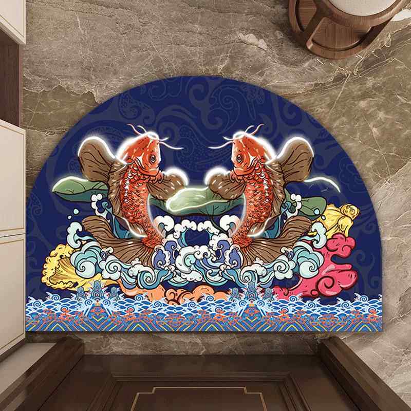 蓝色双鱼锦鲤半圆入户地垫玄关金色进门防滑地毯硅藻泥吸水浴室垫