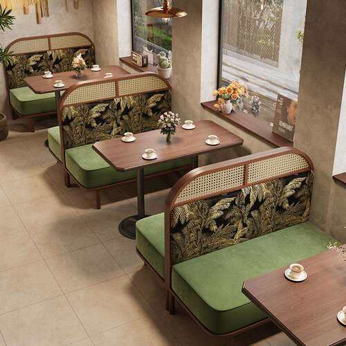 东南亚风岩板餐桌靠墙复古风实木藤编卡座网红火锅店餐饮桌椅组合