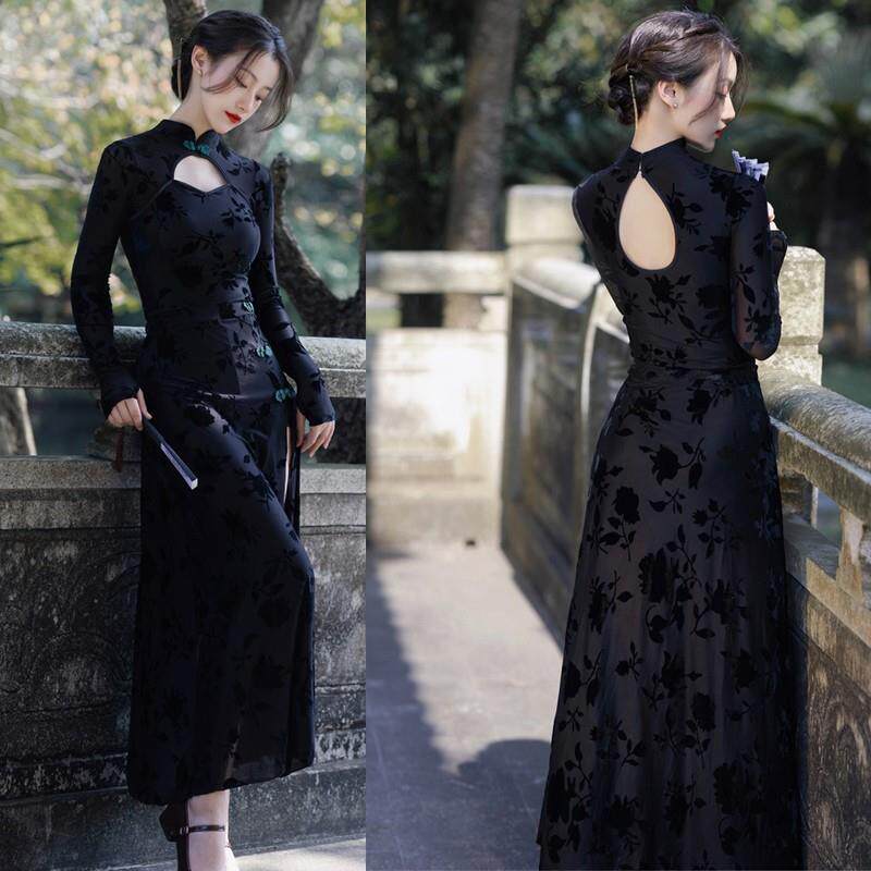 高档古典国爵士现代舞功服开衩旗袍跳舞蹈专用风长袖显练演出服套