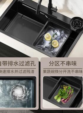 厨房黑色304不锈钢水槽侧下水大单槽加深加厚洗碗槽洗菜槽蓄水池