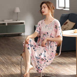 睡裙女夏季 连衣裙家居服夏一件代发 中年妈妈纯棉短袖 长裙睡衣大码