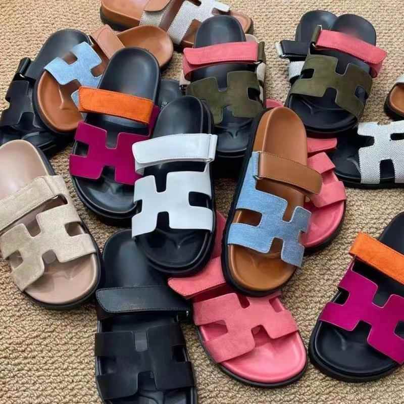跨境大码202夏季新款外贸拖鞋女厚底一字魔术贴欧美拼色slippers