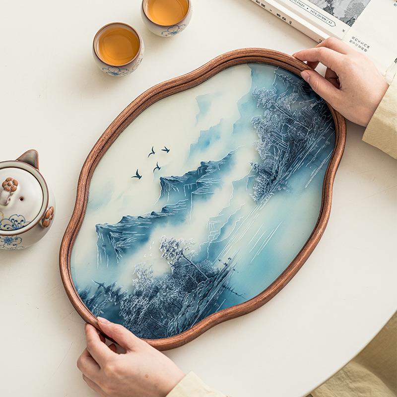 寒江雪中式国潮玻璃茶盘托盘竹制高档复古茶具配件茶杯收纳盘果盘