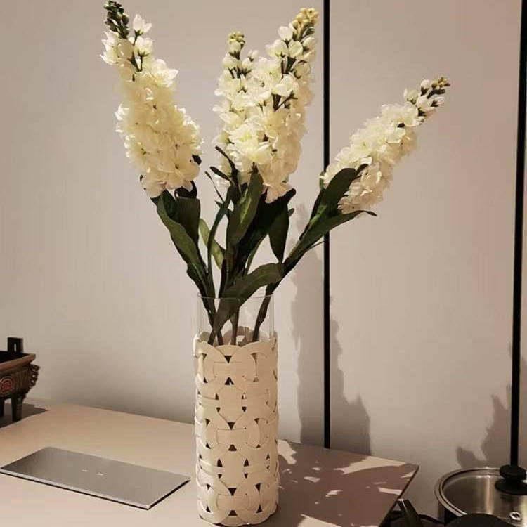 轻奢风编织皮革玻璃花瓶复古风高级感摆件客厅插鲜花手工编织花器