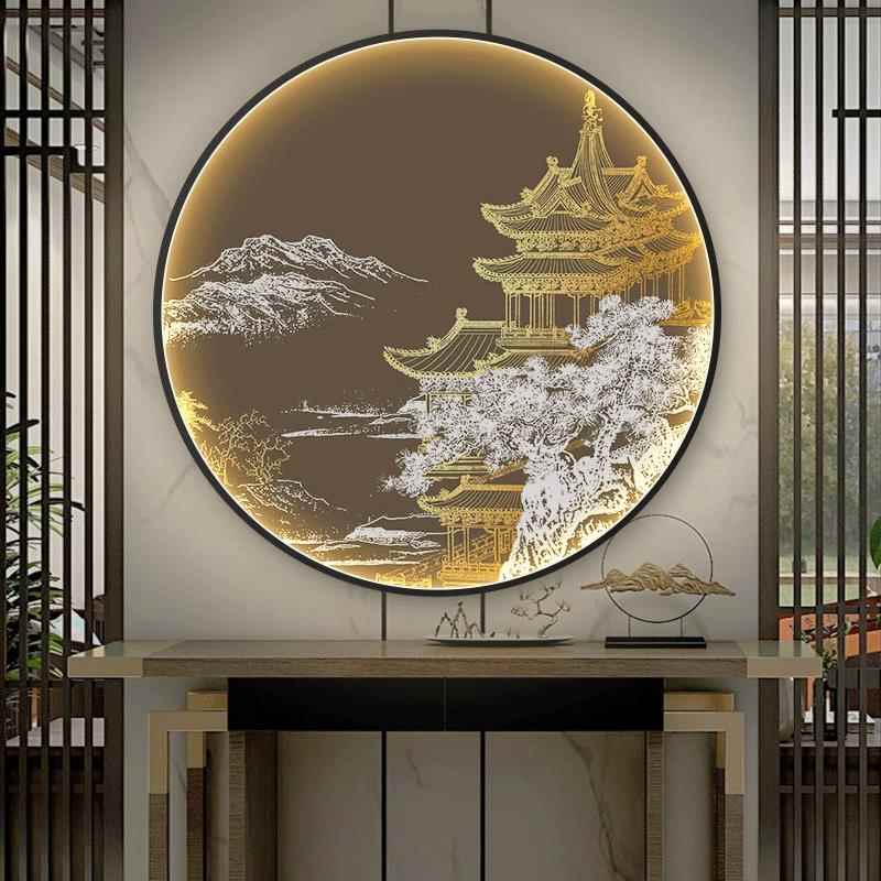 新中国风入口装饰画光画圆形夜光壁画走廊过道水墨吊车地板背景挂