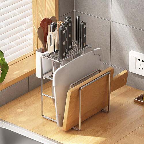 特厚304不锈钢厨具收纳层架置物架多功能金属刀架砧板架沥水筷子