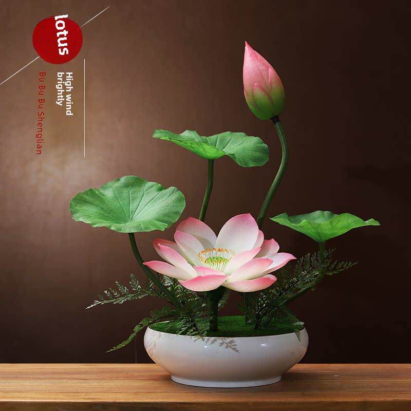 新中式彷真荷花莲花艺术插花花艺盆景摆件家居客厅玄关装饰花摆设