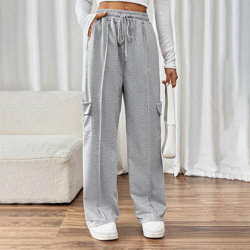 Women's elastic high waisted spliced pocket straight leg