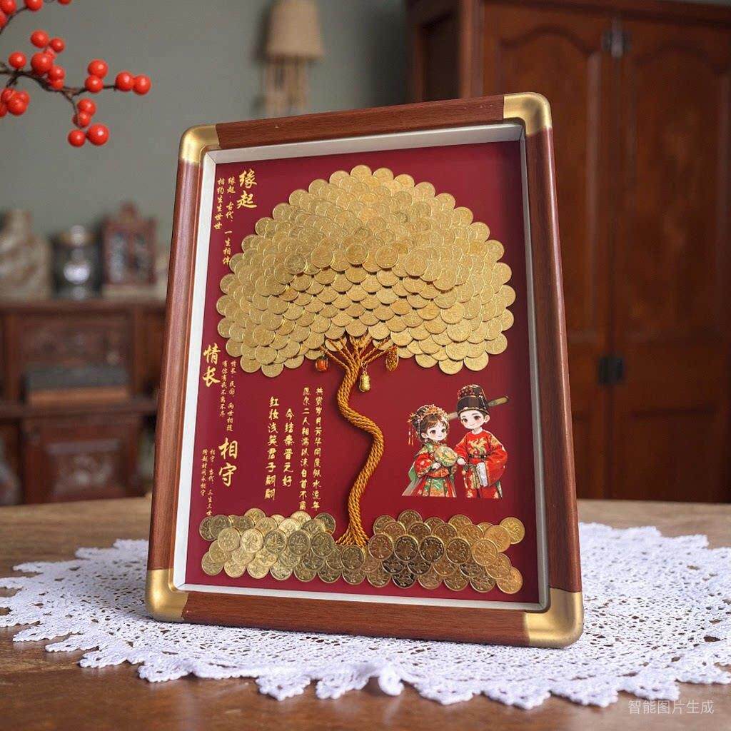 结婚礼物硬币发财树相框送闺蜜订婚摆件幸福树装饰画爱心摇钱树框
