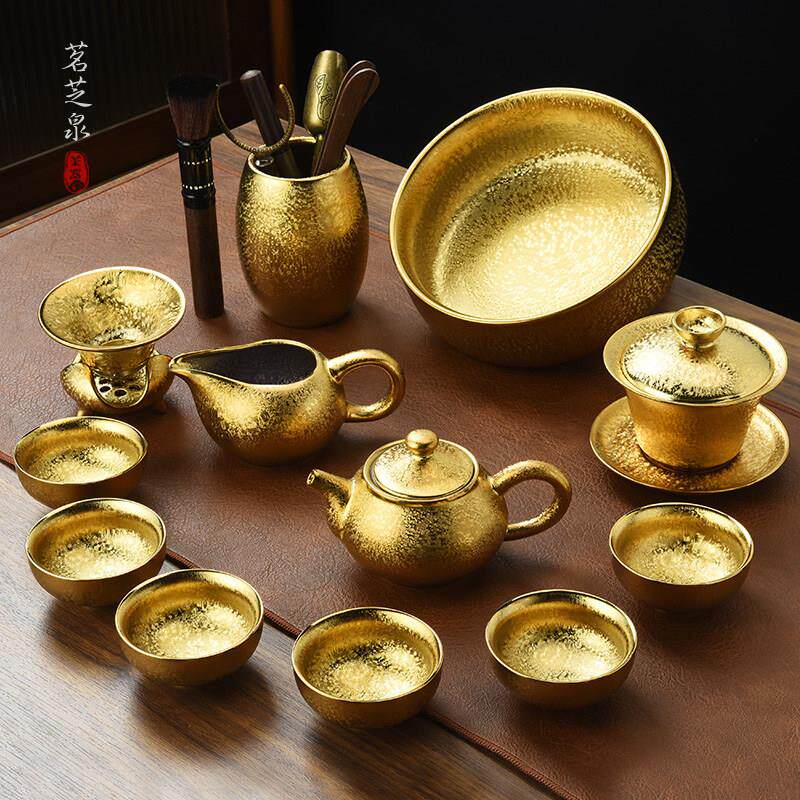 茗芝泉高端鎏金功夫茶具套组办公室建盏茶杯茶壶盖碗窑变陶瓷金盏