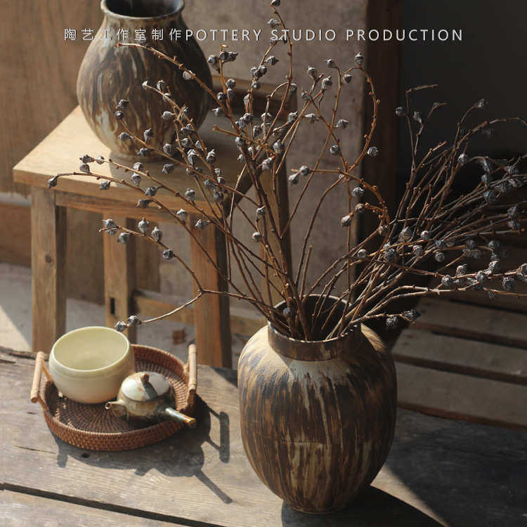 复古禅意粗陶罐侘寂风手绘条纹大肚花瓶民宿样板间新中式陶瓷摆件,家居饰品,花瓶,淘宝优惠券,粉丝福利购,淘宝优惠卷