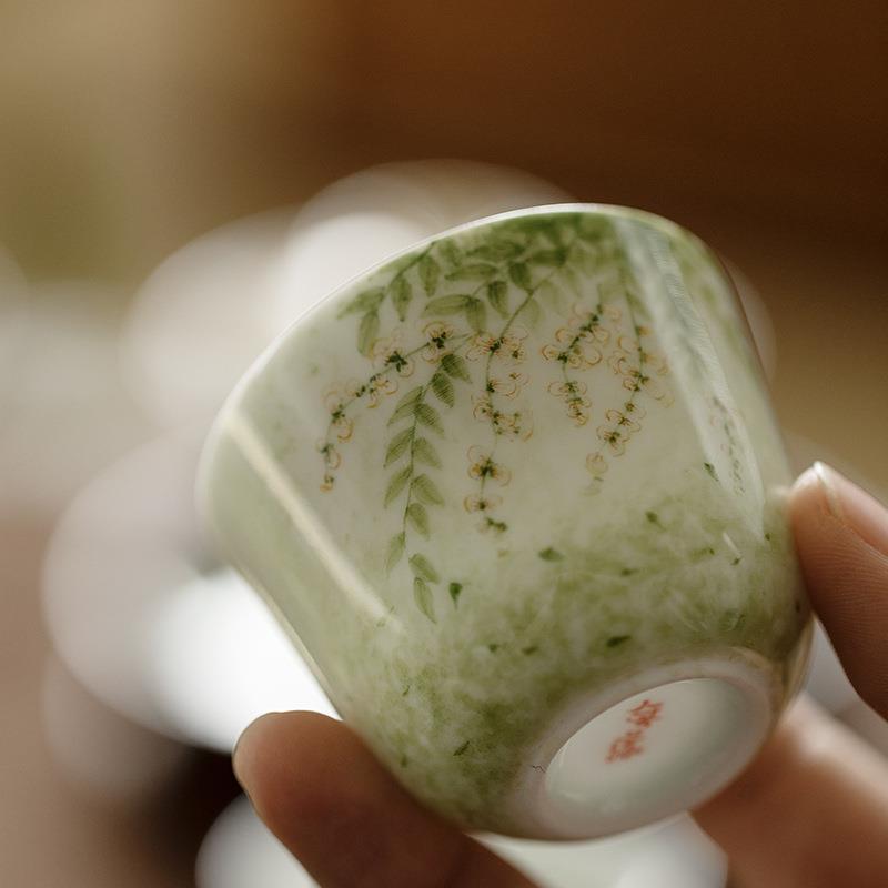 景德镇果青釉下彩手绘主人杯白瓷茶杯日式品茗杯功夫茶具