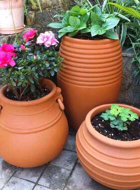 红陶花盆庭院栽花大陶瓷花瓶红泥土陶罐圆形老式阳台种花手工