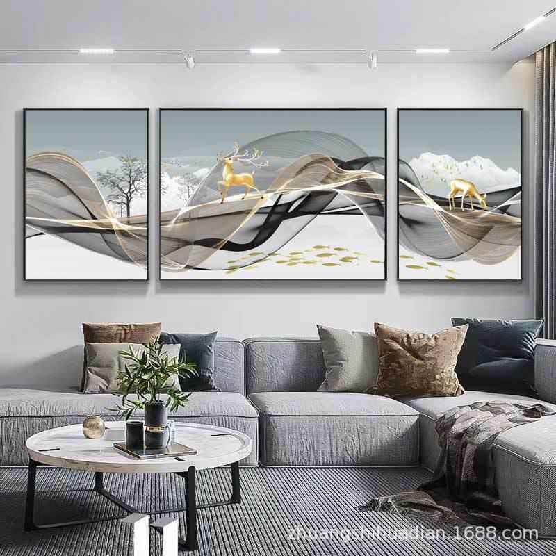 新中式沙发背景画抽象三联画客厅装饰画山水画壁画现代简约挂画