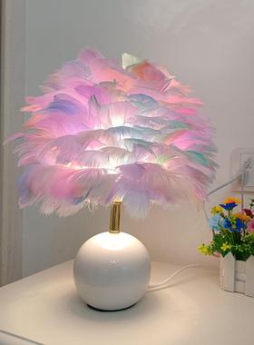 创意陶瓷圆球羽毛台灯白色围粉鹅色101灰彩色色毛灯简约卧室装饰