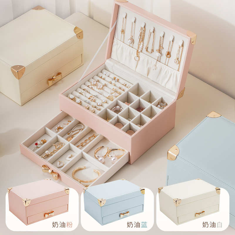 欧美首饰收纳盒PU皮革多层抽屉式翻盖家用桌面珠宝饰品箱