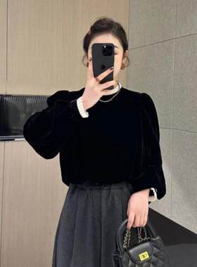欧洲站法式木耳边金丝绒衬衫女2025年秋季新款大码高级感洋气小衫