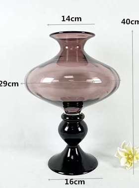 紫色玻璃水螺纹黄高脚锥形养大肚烟灰色筒插花渐变客厅摆件直花瓶