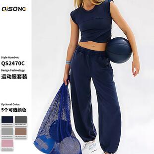 Womens Workout Casual Two-Piece Lounge Sets Cropped Top Tee