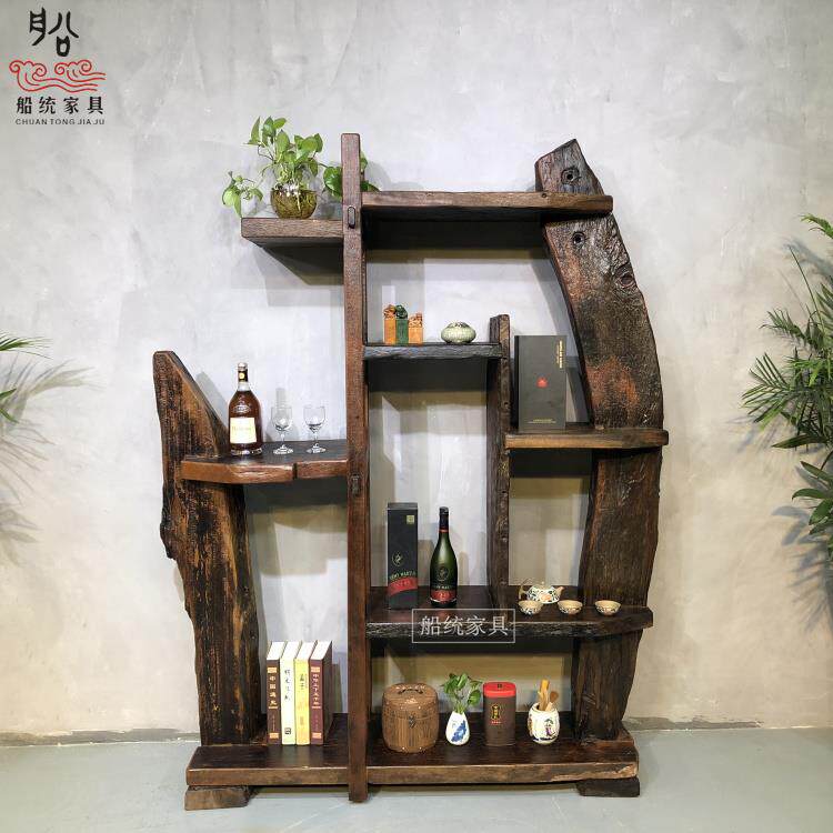 老船木博古架实木中式侘寂风置物架多宝阁客厅隔断古董茶叶架花架