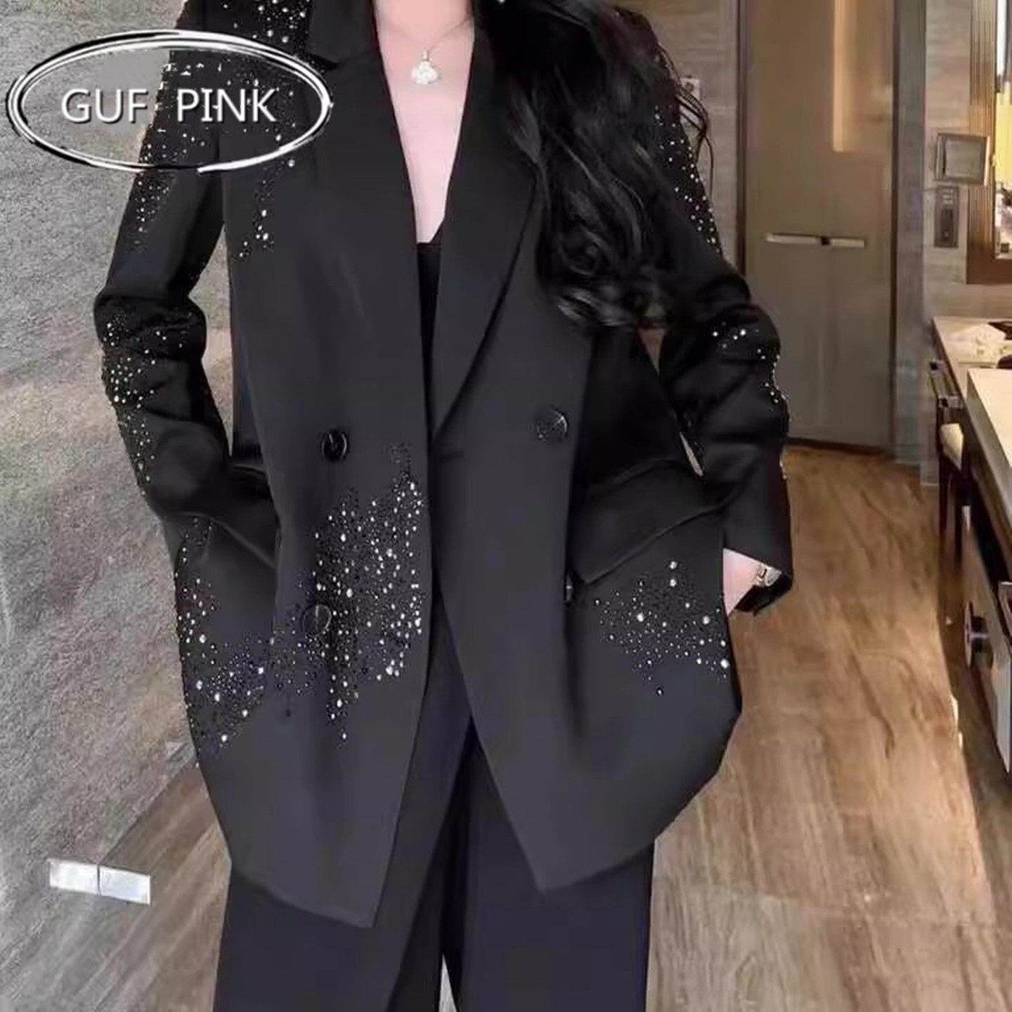 香港高级感烫钻时尚黑色西装外套女2026春秋新款设计感亮闪闪西装
