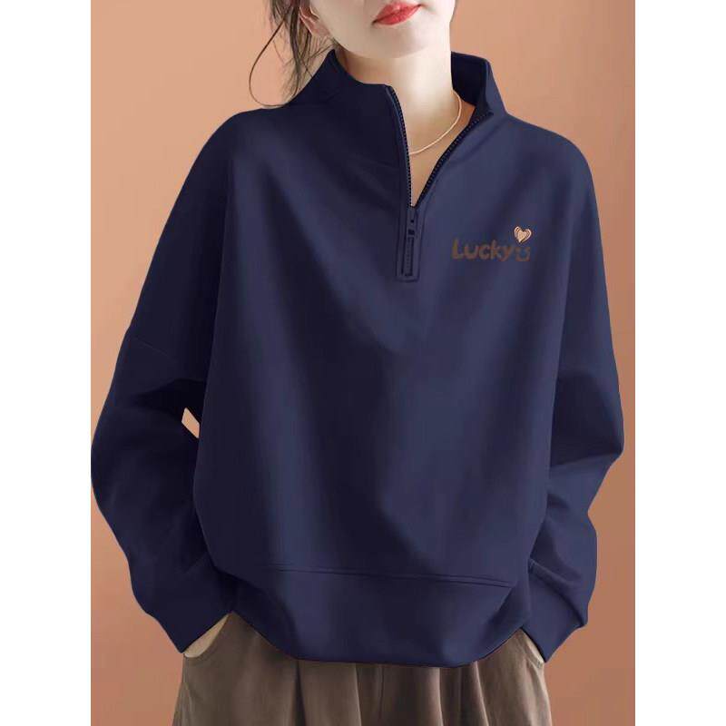 宝蓝色半拉链卫衣女春秋欧货时尚通勤风宽松立领显瘦百搭长袖上衣