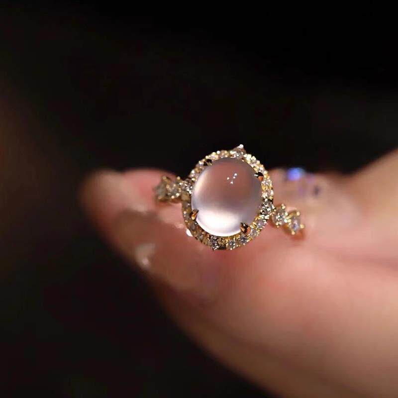 超温柔冰种白冰玉髓蛋面戒指金镶嵌翡翠开口戒指玻璃种送女友礼物