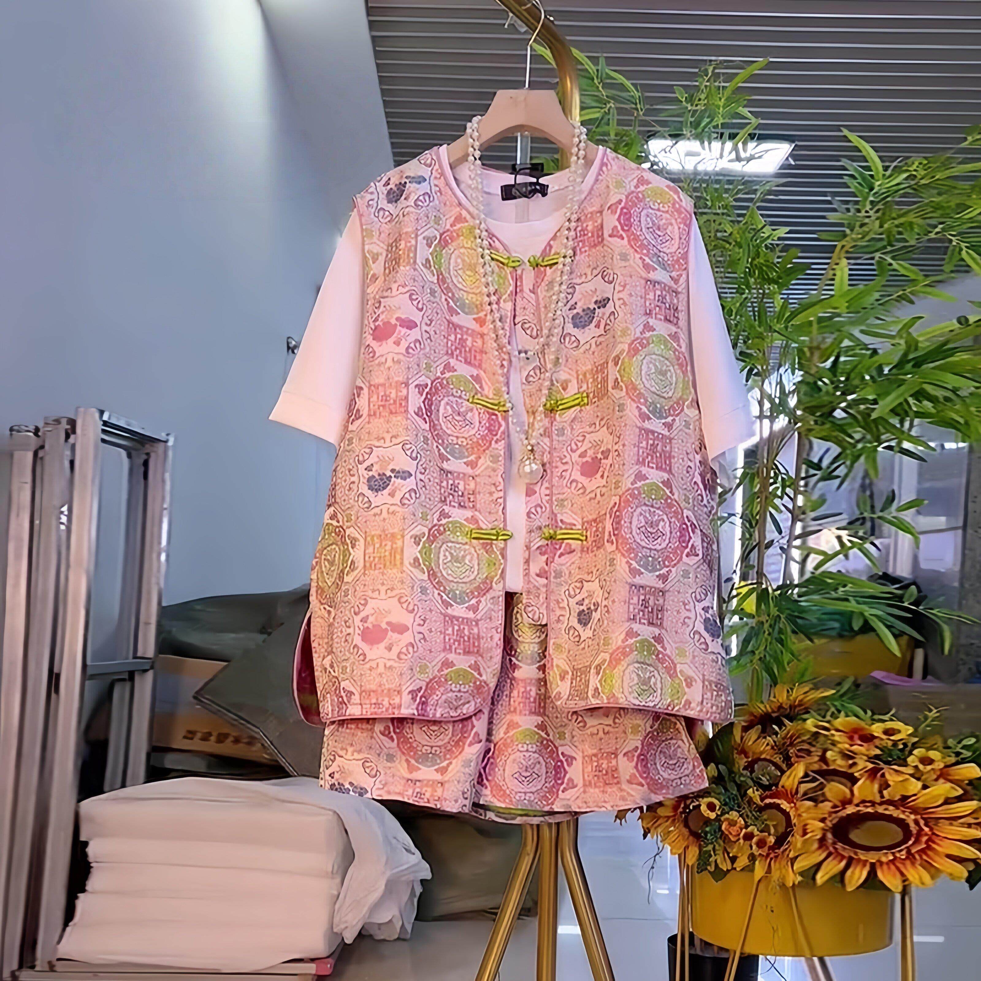 香港大尺码女装立领盘扣国风花朵马甲短裤胖妹妹夏款气质显瘦两件