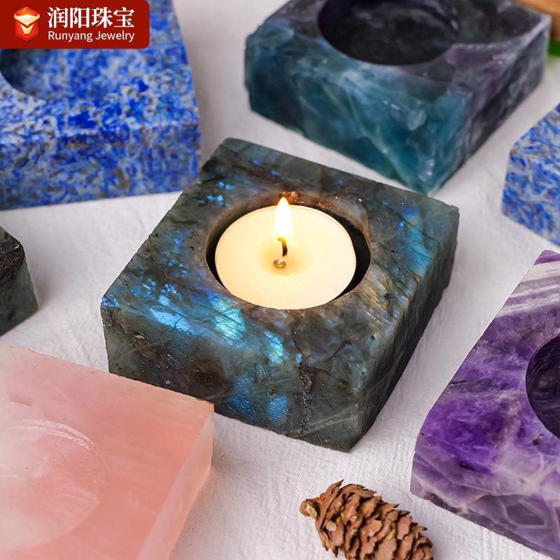 天然水晶原石方形烛台水晶石婚庆蜡烛台欧美家居现代软装饰摆件