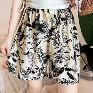 棉绸睡裤短裤女夏季家居大尺码宽松人造棉休闲 居家花裤子女士沙