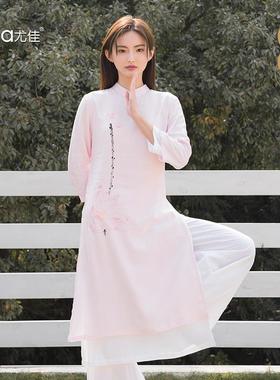 高档优佳女士瑜伽服装春夏中风麻色瑜伽太极白冥想冥国想服棉装门