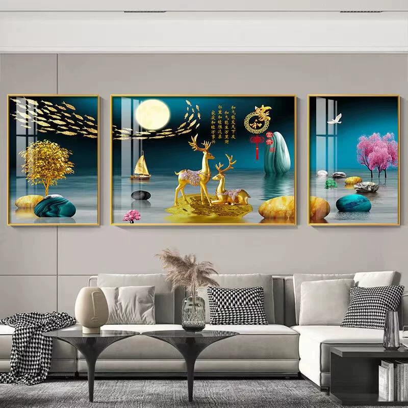 客厅装饰画沙发背景墙挂画现代简约轻奢时尚大气三联晶瓷镶钻壁画