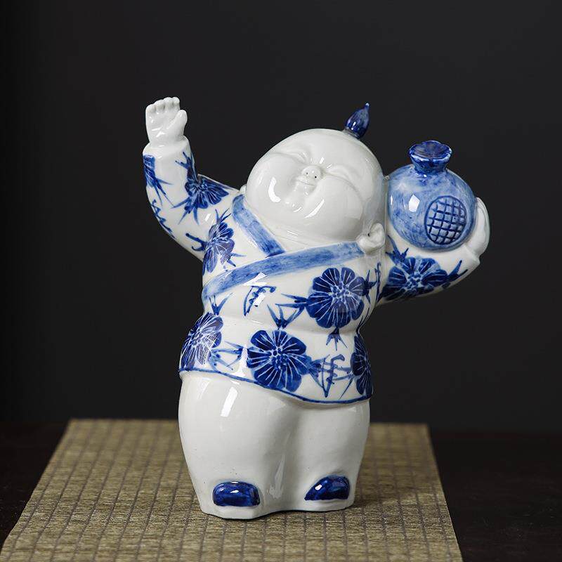 客庄景德镇青花瓷人物雕塑瓷陶瓷摆件时饰品寿桃福寿陶瓷人物摆件