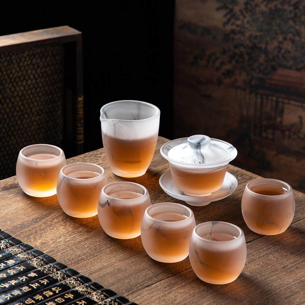 水墨琉璃茶具套装玻璃加厚泡茶器功夫盖碗茶杯公道杯整套家用礼品