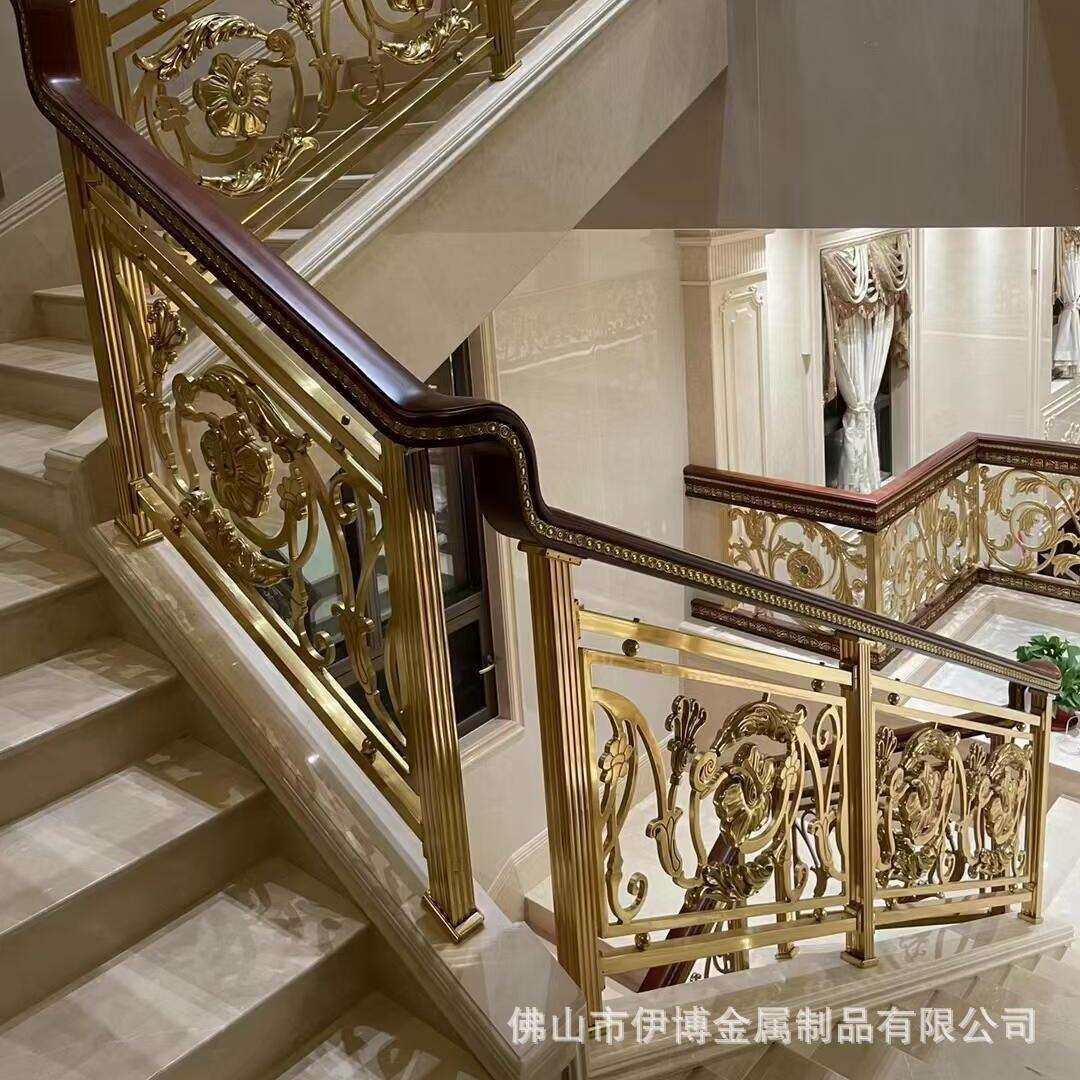 酒店大堂楼梯栏杆轻奢红古铜双镜面不锈钢雕花楼梯扶手豪华别墅