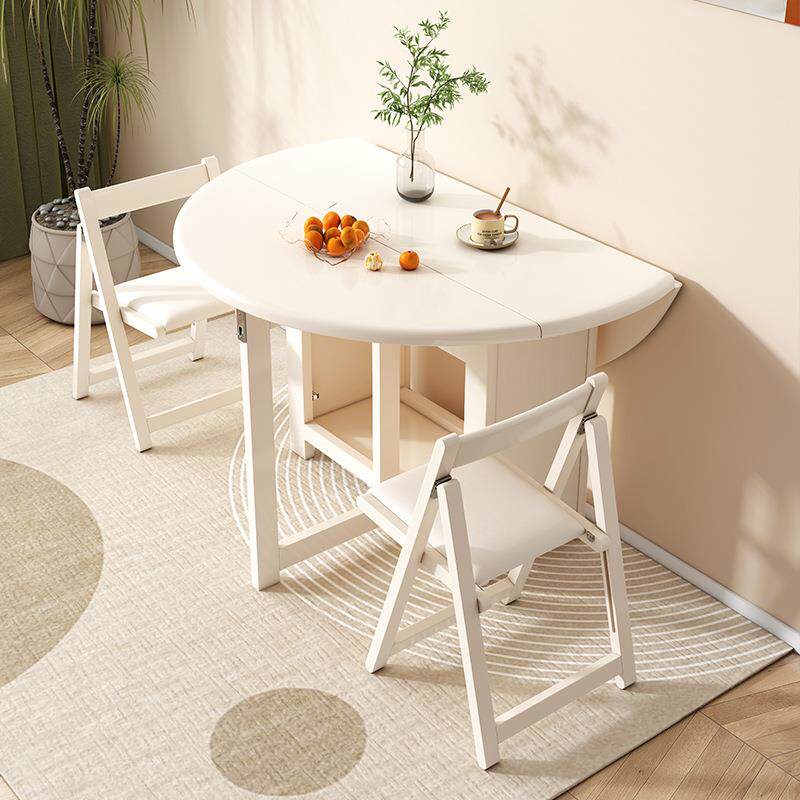 奶油风实木圆餐桌折叠椅子组合靠墙餐桌收纳小户型家用免安装饭桌